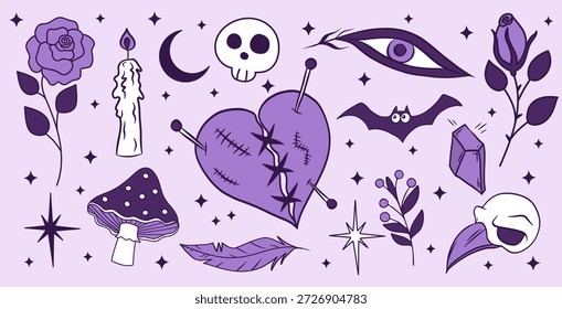 Conjunto de brujería de Elementos vudú mágicos de Vector. Pegatinas góticas en tonos morados