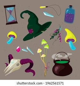 Witchcraft. Set of witch utensils, ingredients in colorful cartoon style. Wizard's hat, crystals and gems, potions, pot, sand clock and magic mushrooms.