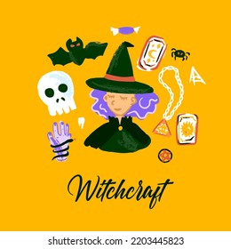 Witchcraft Sketch Postcard. Vector Illustration of Mystery and Witch Greeting Cards.