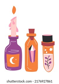 Witchcraft and sorcery, isolated ingredients for magic potions and spells. Candlestick and gem stone in bottle with cap, flower twig in liquid in jar. Ceremony or ritual. Vector in flat style