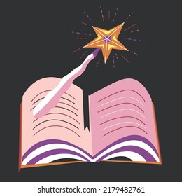 Witchcraft and sorcery, isolated spellbook with magic spells and enchantment. Textbook with wand, sorcery and witchery. Wiccan and occult practice, education and knowledge. Vector in flat style