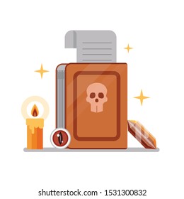 Witchcraft spell book with scull symbol on cover, magic crystal, monster red eye and burning candle. Witchery elements icon in cartoon style isolated on white background.