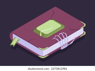 Libro de hechizos de brujería. Libro de alquimia de magia isométrica, libro de hechizos místicos. Icción esotérica de bruja Ilustración vectorial 3d