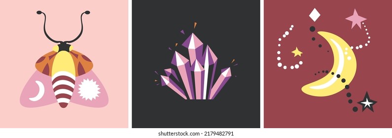 Witchcraft and spirituality, isolated magic cards and occult symbols. Esoterica and astrology, fortune telling. Amethyst gemstone, moth and crescent moon with constellation. Vector in flat style