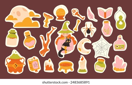 witchcraft sticker set. Cute witch with black cats. Witchcraft supplies