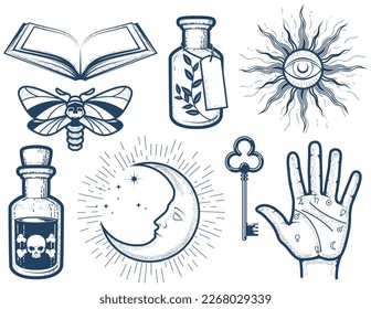 Witchcraft stuff, alchemy and fortune-telling, witch poison, spell book, moth and  crescent, vector