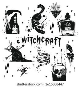 Witchcraft symbol icon set. Vintage vector illustration with mystic and creepy signs. 