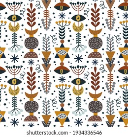 Witchcraft symbols and branches of plants in beautiful compositions. For printing on fabric and paper. Decoration for the interior. Poster.