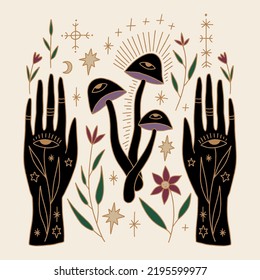 Witchcraft Symbols Celestial Hands And Mushrooms Bundle Set, Magical Alchemy Potion Ingredients. Vector And Jpg Printable Image, Unique Boho Clipart Illustration, Editable Isolated Details. Perfect