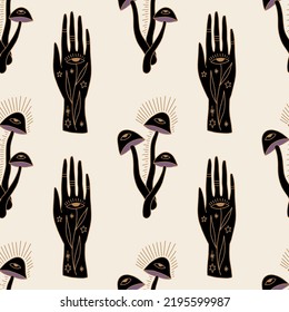 Witchcraft symbols celestial hands and mushrooms vector and jpg printable boho seamless pattern, unique repeat clipart illustration image, editable isolated details. Perfect for clothes design