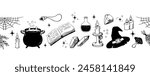 Witchcraft symbols seamless border. Mystic magical hand drawn elements. Witch cauldron, hat, books and other design elements for Halloween. Sketch style. Vector illustration