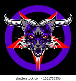 Witchcraft themed design with a cat, star, and horns. Vector illustration.