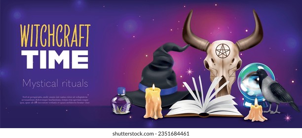 Afiche horizontal realista de época de brujería con objetos mágicos para la ilustración de los rituales ocultos vectoriales