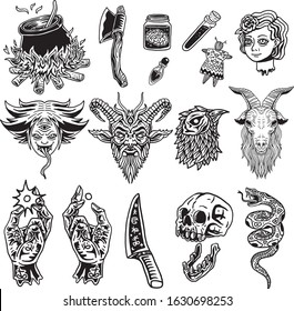 Witchcraft vector icon illustration element, knife, snake, demon, doll head, witch, axe, potions, poison, voodoo, chicken, skull, hands, rituals.