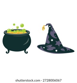 Witchcraft vector set illustration with pointed hat and cauldron boiling potion ideal for magical ritual spell casting and fantasy concept designs