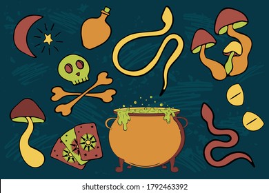 Witchcraft vector sticker pack. Poisonous doodle objects for print design. Cauldron with potion, snake and hallucinogenic mushroom. EPS 10