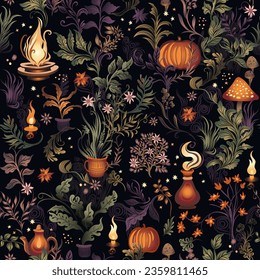 Witchcraft whimsical seamless pattern. Halloween dark moody repeated background. Magical plants and witch craft - herbs, candles, pumpkin, grass in gothic boho style