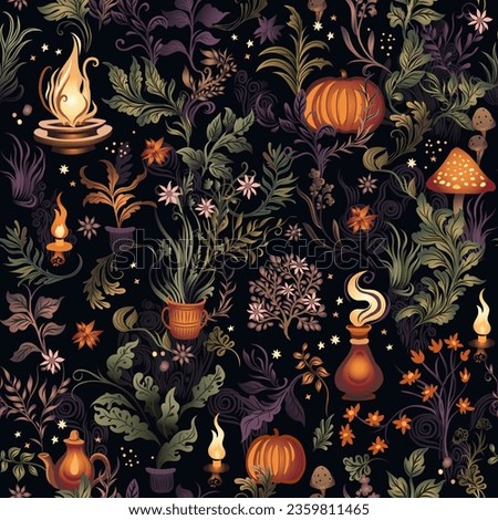 Witchcraft whimsical seamless pattern. Halloween dark moody repeated background. Magical plants and witch craft - herbs, candles, pumpkin, grass in gothic boho style ストックフォト © 