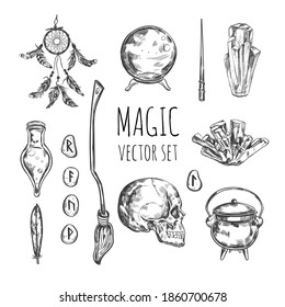 Witchcraft, wicca magic hand drawn set
