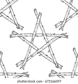 Witchcraft Wicca sticks pentagram seamless pattern, hand drawn magic occult star symbol. Vector background illustration in black over white.