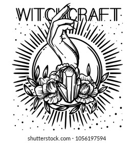 Witchcraft. Witch hand, magic crystal and flowers peonies. linear tattoo print illustration.