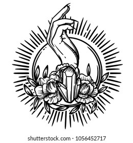 Witchcraft. Witch hand, magic crystal and flowers peonies. linear tattoo print illustration.