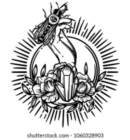 Witchcraft. Witch hand, magic crystal, bee and flowers peonies. linear tattoo print illustration.