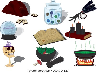 Witchcraft witchs hut items collection vector illustration