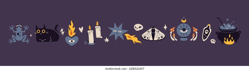 Witchcraft, withcore aesthetic set with occult things. Bohemian mystical magic collection clip art. Trendy modern vector illustration, hand drawn, flat design.