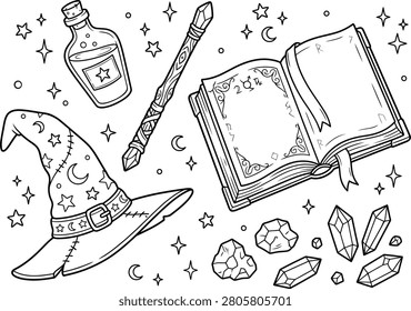 Witchcraft and wizardry doodle elements set with witchcraft spellbook crystals esoteric mystical handdrawn illustration collection mysterious supernatural esoterica astronomy celestial