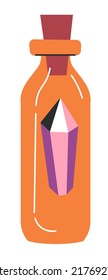 Witchcraft and wizardry, magic and sorcery ingredients and items for magic. Isolated bottle with gemstone, precious stone in jar with cork. Mysterious spells of witches. Vector in flat style