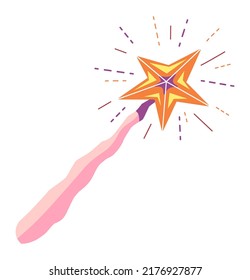 Witchcraft and wizardry magic wand for spells, isolated stick with shining star. Fantasy fairy tale, Sorcerer or magician, witch or wizard part of costume, occult piece. Vector in flat style