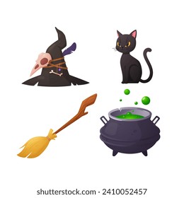 Witchcraft and wizardry mystical elements for design and games, cartoon realistic vector illustration isolated on white background. Halloween magic elements set.