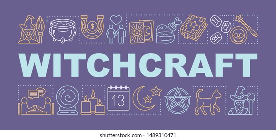 Witchcraft word concepts banner. Fortune telling and dark magic. Spell and potion. Presentation, website. Isolated lettering typography idea with linear icons. Vector outline illustration 