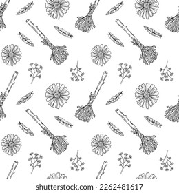 Witchcrafts seamless pattern with broom, feathers and flowers - line art background. Modern witch black outline vector illustration. Trendy spirituality line art.