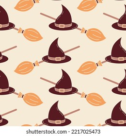 Witchcrafts seamless pattern cartoon style. Isolated vector broom stick and witch hat in repeated background for Halloween