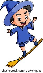 The witcher boy is flying with a magic broom of illustration