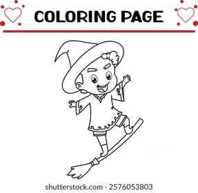 witcher boy is flying with magic broom coloring page for kids