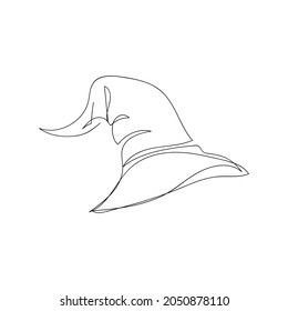 Witcher hat one line art. Continuous line drawing of halloween theme, autumn mood, horrible, magic attribute, halloween costume, spell.