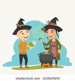 Witcher and witch brew a green magic potion from fly agaric in a large magic pot and pour it into bottles. Children make magic. Vector illustration