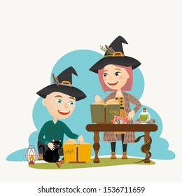 The witcher and the witch read magic books. Children make magic. Vector illustration