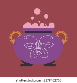Witchery and witchcraft, sorcery brewing magic potion for enchanting. Cauldron with butterfly, bubbles and boiling liquid. Cooking for Halloween celebration, decoration. Vector in flat style