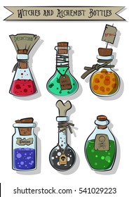 Witches and Alchemist Bottle Set Drawing Vessels with Colored Liquids