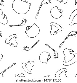Witches attributes seamless pattern. Halloween background black and white. Concept of magic