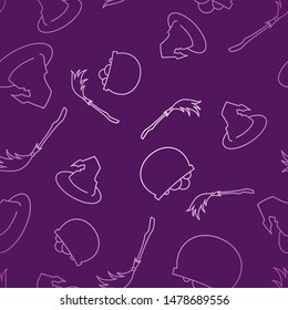 Witches attributes seamless pattern. Halloween background violet and white gradient. Concept of magic