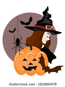 The witches behind the golden sheath and the bats flying behind.Ideas for Halloween.Vector illustration isolated on white background.

