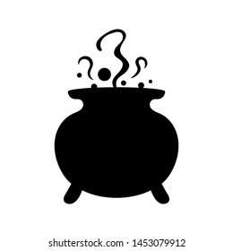 Witches black cauldron with boiling magic potion isolated on white background. Decorative element for Halloween. Vector illustration for any design.