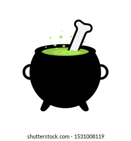 Witches black cauldron with boiling magic potion isolated on white background. Decorative element for Halloween. Vector.