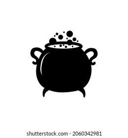 Witches black cauldron with boiling magic potion isolated on white background. Decorative element for Halloween. Vector illustration for any design.