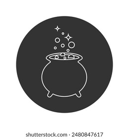 Witches black cauldron with boiling magic potion line icon isolated on white background. Decorative element for Halloween. Vector illustration for any design